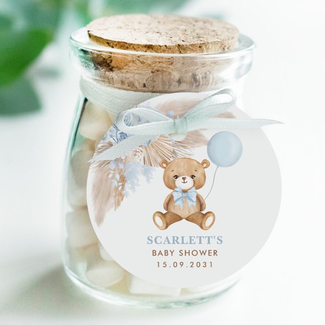 Étiquettes Cadeau Dusty Blue Floral Boho Teddy Bear Baby shower (Créateur téléchargé)