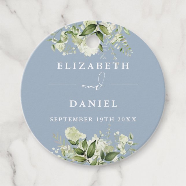 Étiquettes Cadeau Dusty Blue Floral Greenery Merci Mariage (Devant)