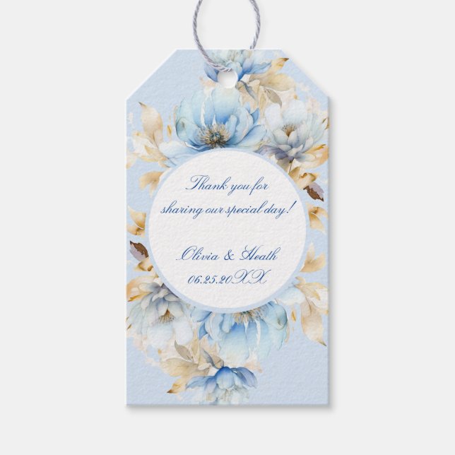 Étiquettes-cadeau Dusty Blue Floral Mariage or (Devant)