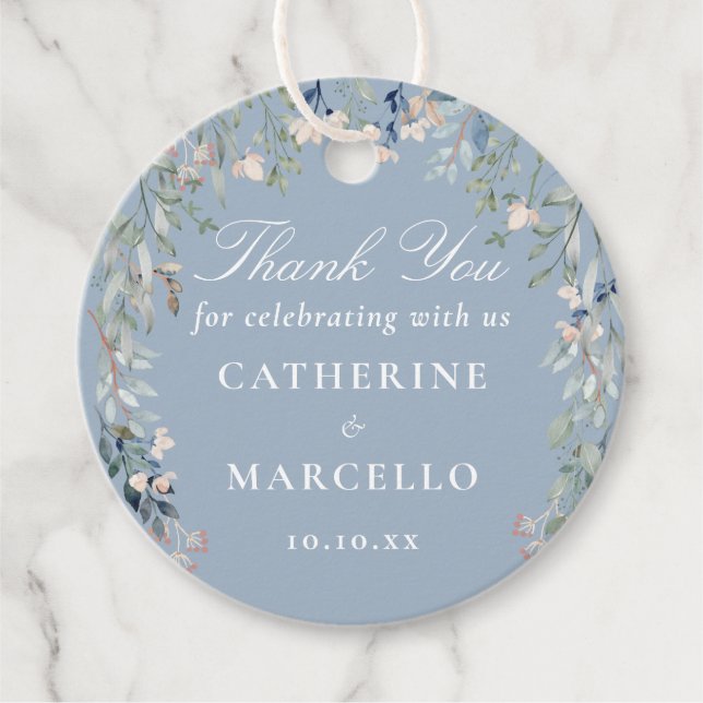 Étiquettes Cadeau Dusty Blue Floral Wedding Favoriser le Merci (Devant)