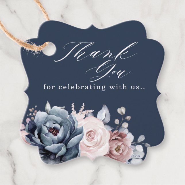 Étiquettes Cadeau Dusty Blue Mauve Rose rose ardoise Mariage floral  (Devant)