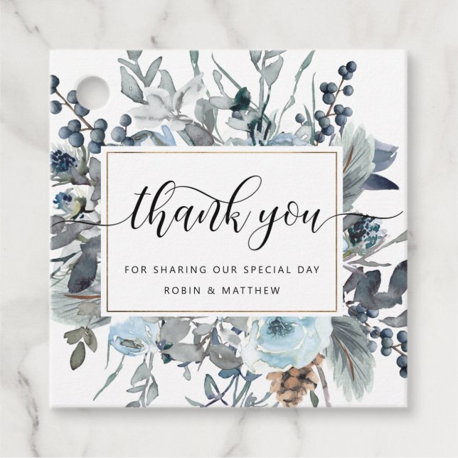 Étiquettes Cadeau Dusty Blue Navy et White Floral Merci Mariage (Devant)