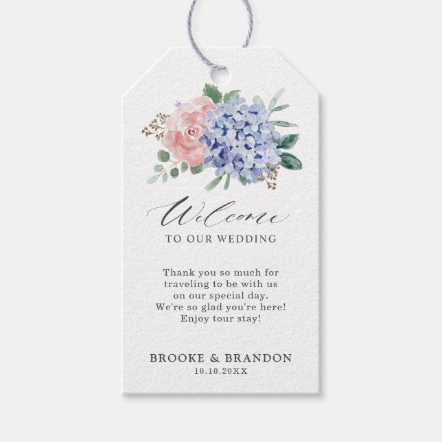 Étiquettes-cadeau Dusty Blue Pastel Pink hydrangeas Mariage (Devant)