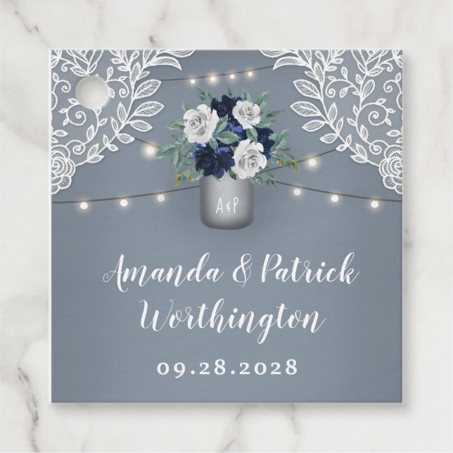 Étiquettes Cadeau Dusty Blue Pays Blanche dentelle Mason Jar Mariage (Devant)