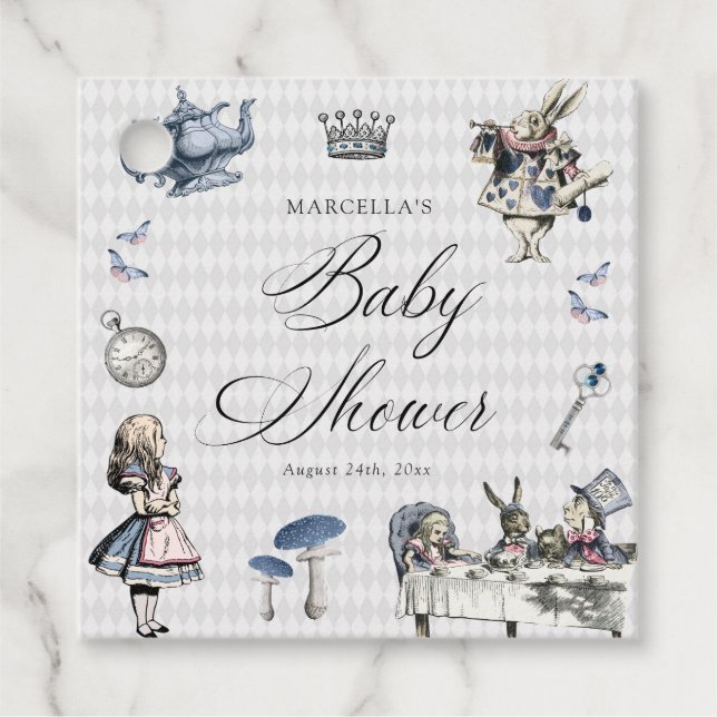 Étiquettes Cadeau Dusty Blue & Pink Alice in Wonderland Baby shower (Devant)