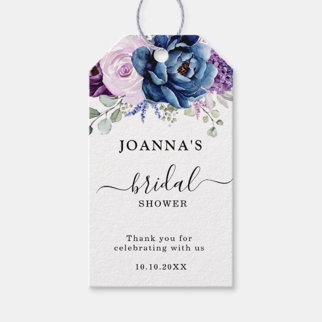 Étiquettes-cadeau Dusty Blue Purple Navy Lilac Blooms Fête des marié (Devant)