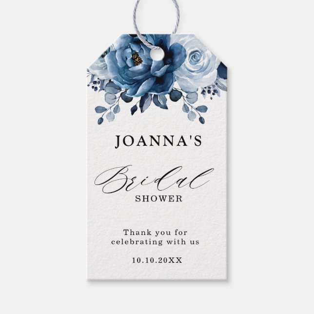 Étiquettes-cadeau Dusty Blue Slate Navy Fête des mariées botanique (Devant)