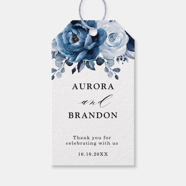Étiquettes-cadeau Dusty Blue Slate Navy Floral Mariage Merci (Devant)