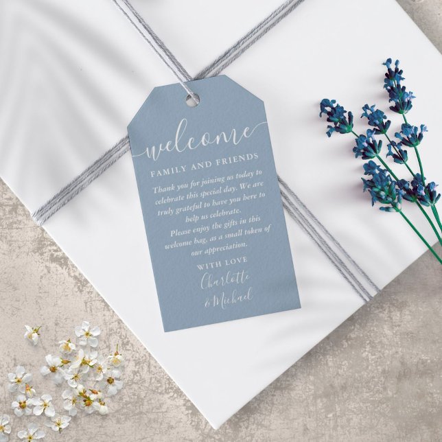 Étiquettes-cadeau Dusty Blue Wedding Favoriser Panier de bienvenue (Créateur téléchargé)