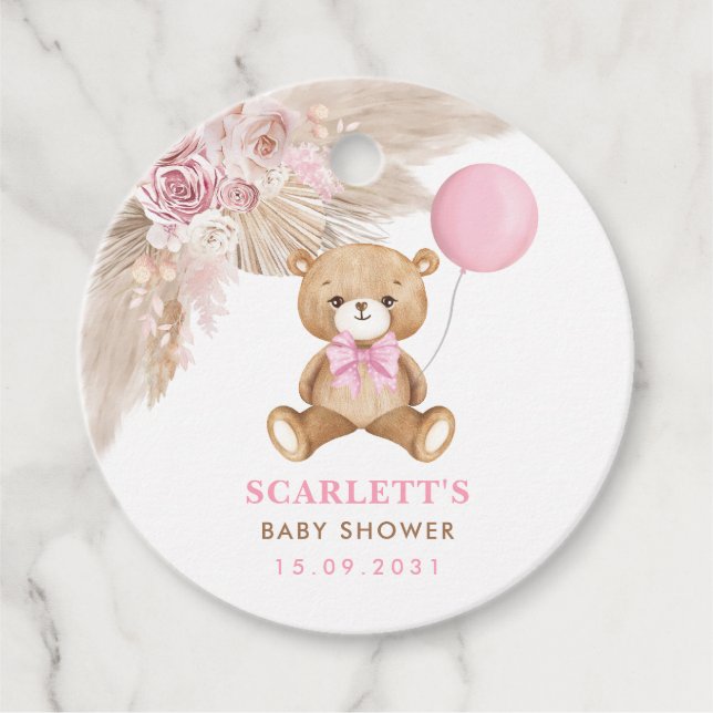 Étiquettes Cadeau Dusty Rose Floral Boho Teddy Bear Baby shower (Devant)