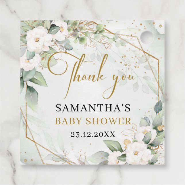 Étiquettes Cadeau Eau chic, verdure et Baby shower blanc (Dos)