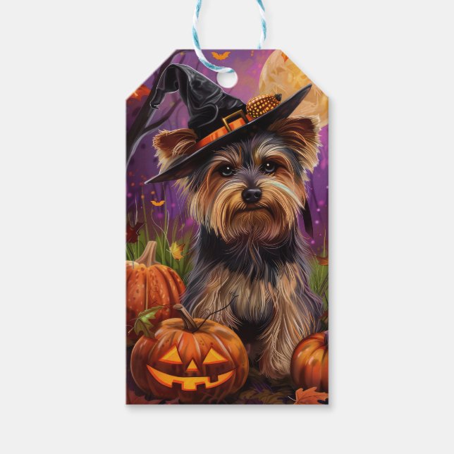 Étiquettes-cadeau Éffrayant Biewer Terrier Halloween Witch Et Citrou (Devant)