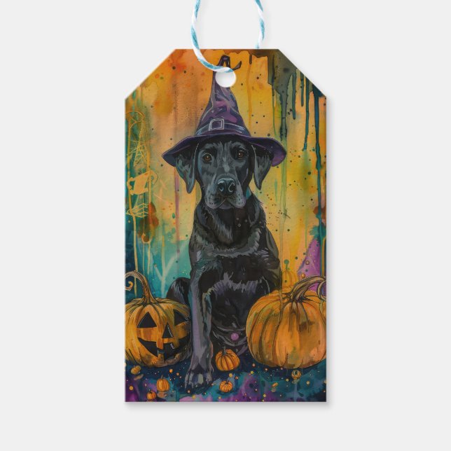 Étiquettes-cadeau Éffrayant Labrador Chien Halloween Sorcière Et Cit (Devant)