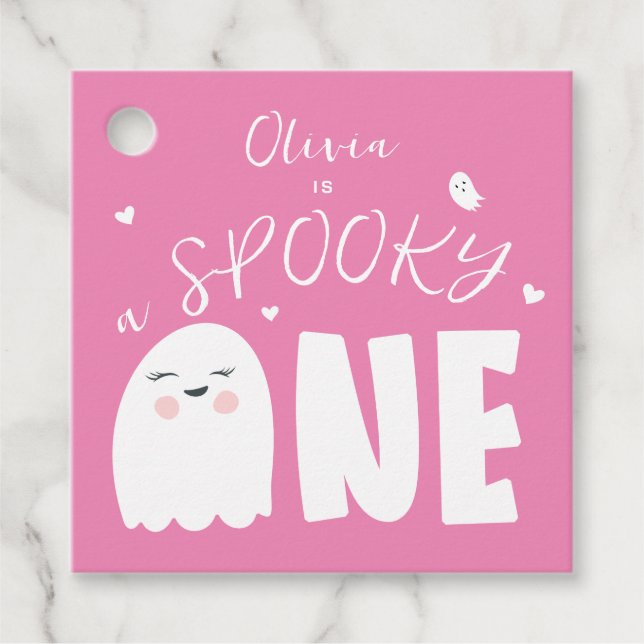 Étiquettes Cadeau Éffrayant One Girls Pink Ghost Halloween 1er anniv (Devant)
