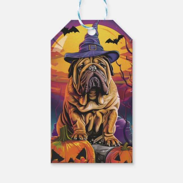 Étiquettes-cadeau Éffrayant Shar Pei Chien Halloween sorcière et Cit (Devant)