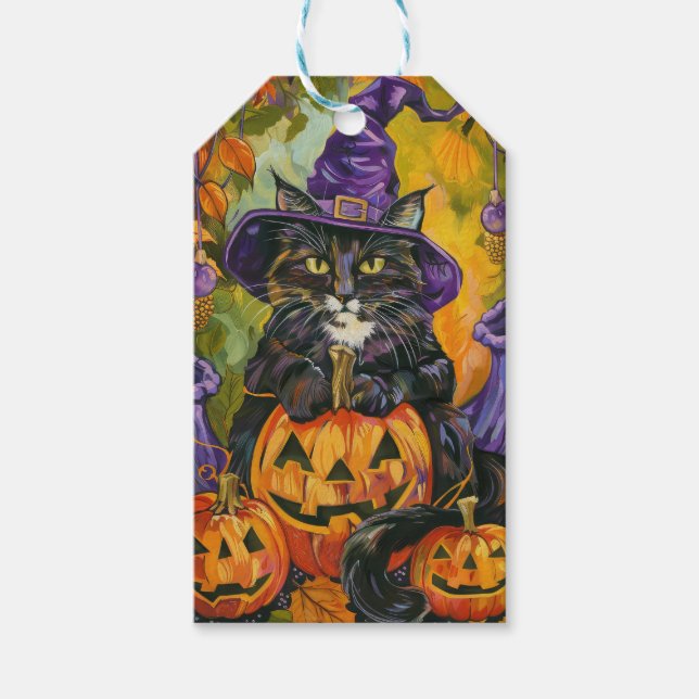 Étiquettes-cadeau Éffrayant Tuxedo Chat Halloween Sorcière Et Citrou (Devant)