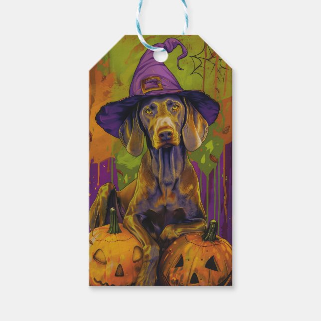 Étiquettes-cadeau Éffrayant Weimaraner Chien Halloween sorcière et C (Devant)
