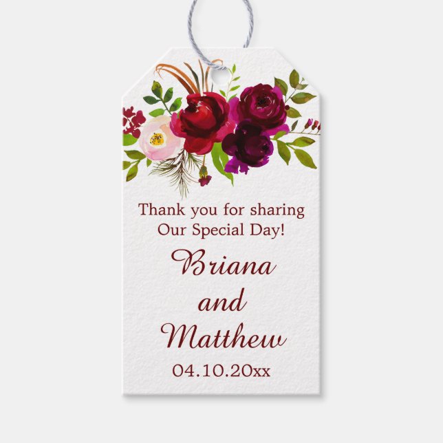 Étiquettes-cadeau Elégant Aquarelle Bourgogne Floral Mariage Faveurs (Devant)