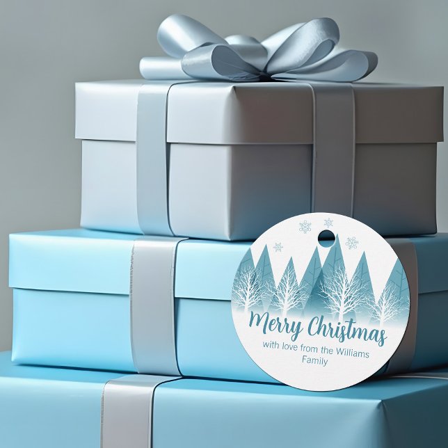 Étiquettes Cadeau Élégant Arbres d'hiver Bleus Fête de Noël personna (Créateur téléchargé)