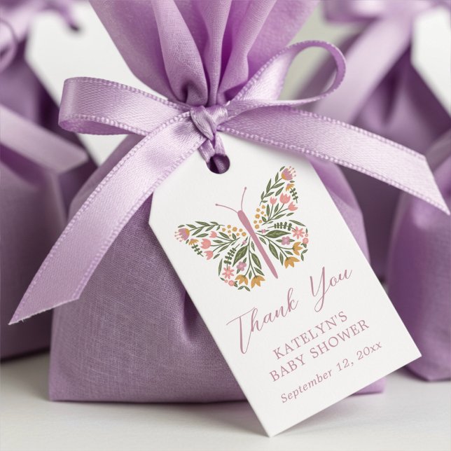 Étiquettes-cadeau Elégant Baby shower à papillon floral Favoriser (Créateur téléchargé)