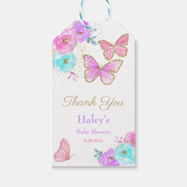 Étiquettes-cadeau Élégant. Baby shower d'aquarelle papillon (Devant)