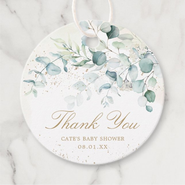 Étiquettes Cadeau Elégant Baby shower d'or Eucalyptus (Devant)