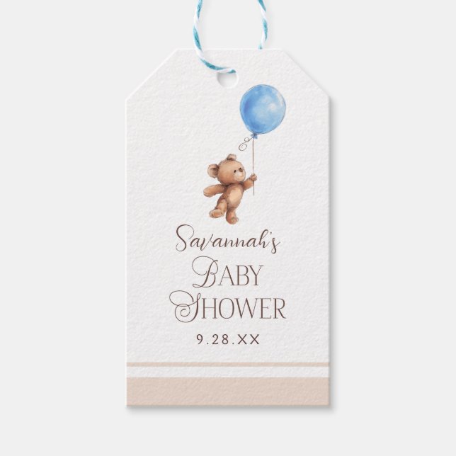 Étiquettes-cadeau Elégant Baby shower d'ours de garçon (Devant)