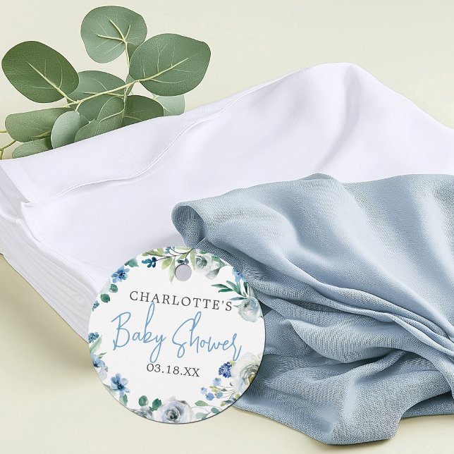 Étiquettes Cadeau Elégant Baby shower Floral Blanc Bleu (Créateur téléchargé)