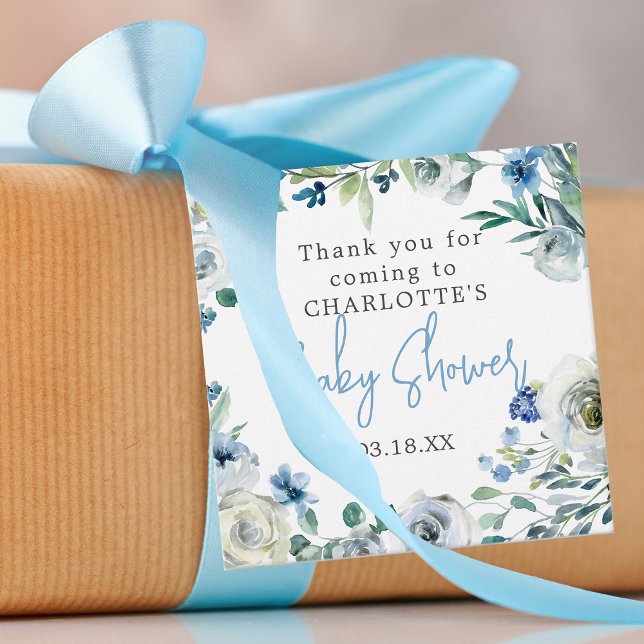 Étiquettes Cadeau Elégant Baby shower Floral Blanc Bleu (Créateur téléchargé)