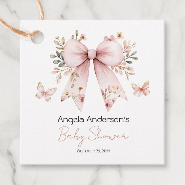 Étiquettes Cadeau Élégant Baby shower floral rose Bow Girl (Devant)
