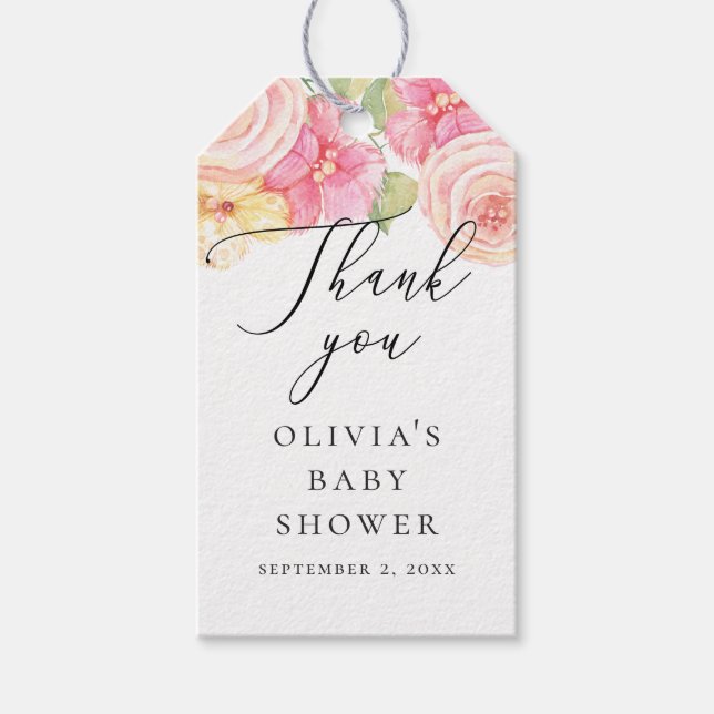 Étiquettes-cadeau Elégant baby shower floral rose vif merci (Devant)