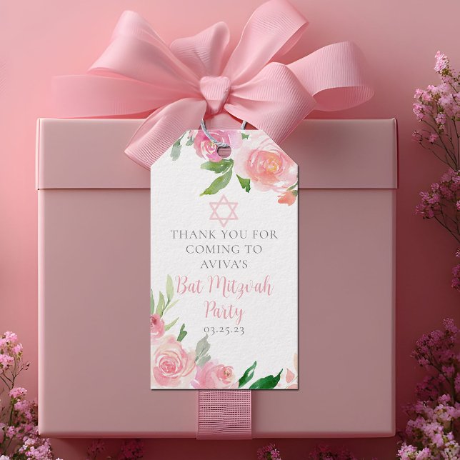 Étiquettes-cadeau Elegant Bat Mitzvah Party Personalized Pink Floral (Créateur téléchargé)