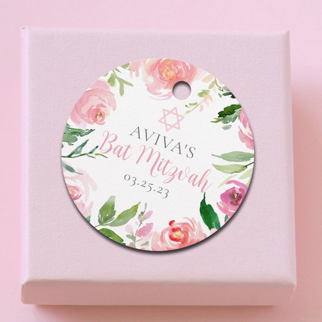Étiquettes Cadeau Élégant Bat mitzvah Personnalisé Pink Floral Party (Créateur téléchargé)