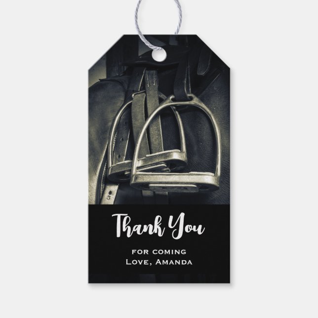 Étiquettes-cadeau Élégant bâton d'argent sur selle d'équitation angl (Devant)