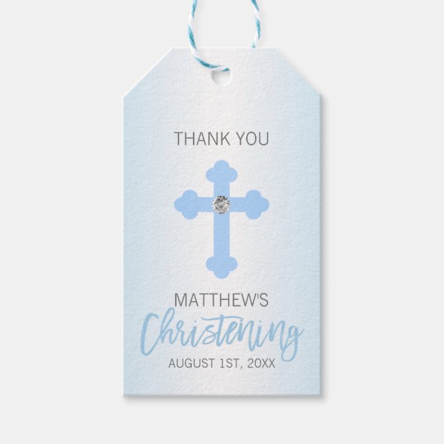 Étiquettes-cadeau Elégant bébé Croix Bleue MERCI Christening Garçon (Devant)