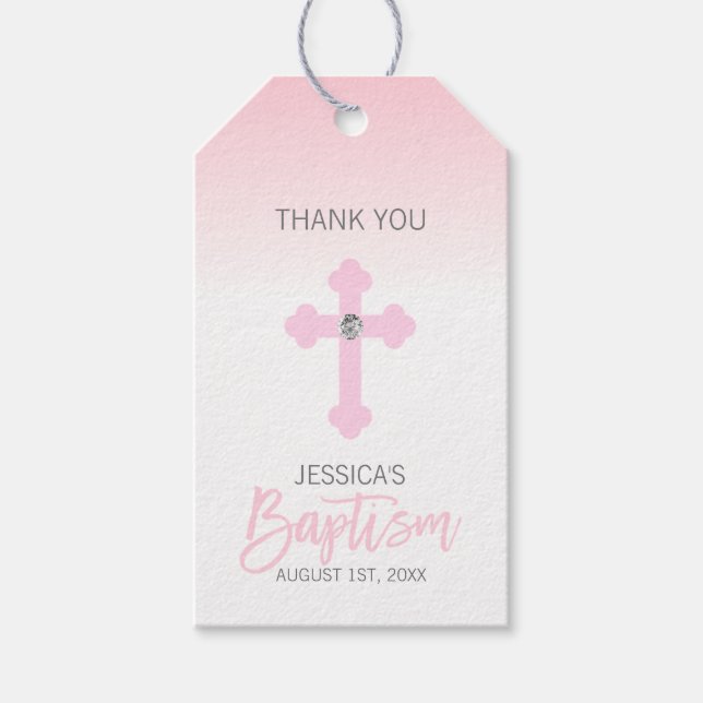 Étiquettes-cadeau Élégant bébé rose croix MERCI Baptême fille (Devant)