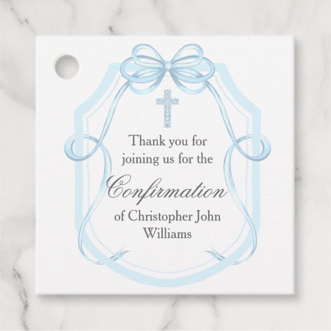 Étiquettes Cadeau Élégant Bleu Bow ruban de confirmation (Devant)