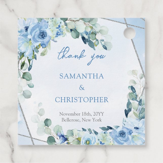 Étiquettes Cadeau Elégant bleu douce aquarelle floral argent mariage (Dos)