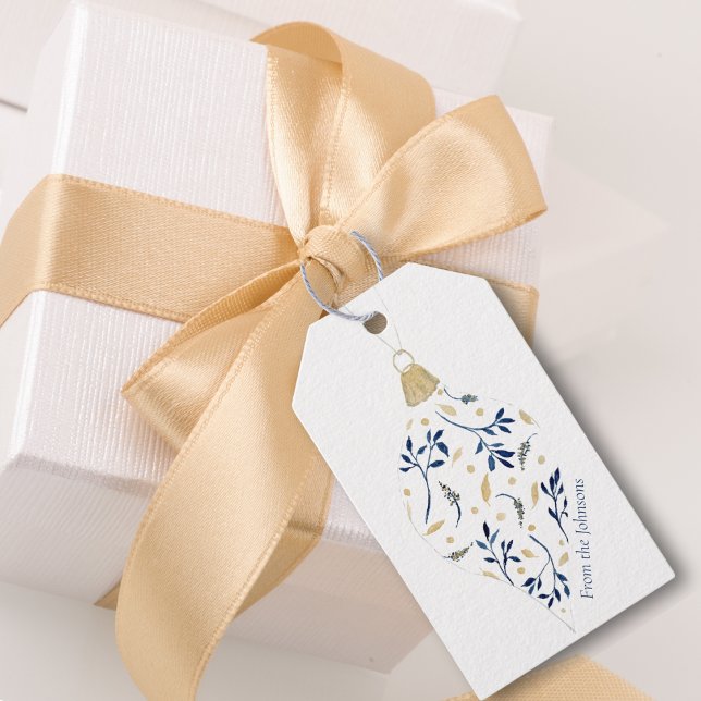 Étiquettes-cadeau Elégant bleu et or Aquarelle Floral Vacances (Créateur téléchargé)