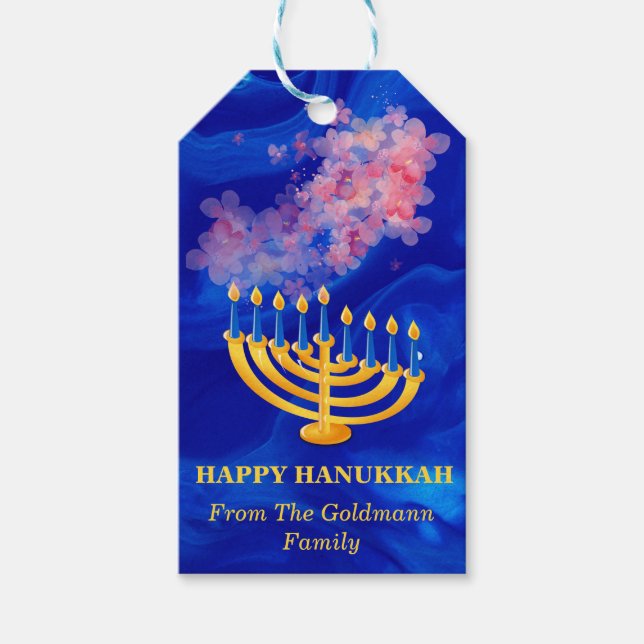 Étiquettes-cadeau Elégant Bleu Et Or Menorah Joyeux Hanoukka (Devant)