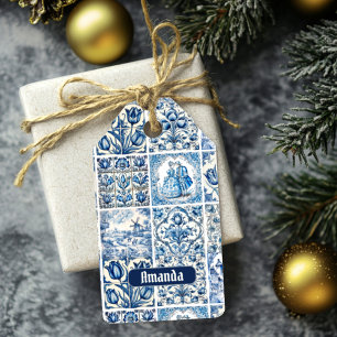 Étiquettes-cadeau Elégant Bleu Pays toile fleurie