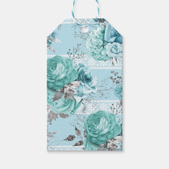 Étiquettes-cadeau Elégant bleu Rose détails dentelle (Devant)