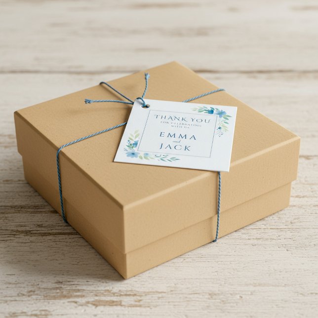 Étiquettes Cadeau Elégant bleu vert noms mariage (Elegant blue greenery names wedding favor tags.)
