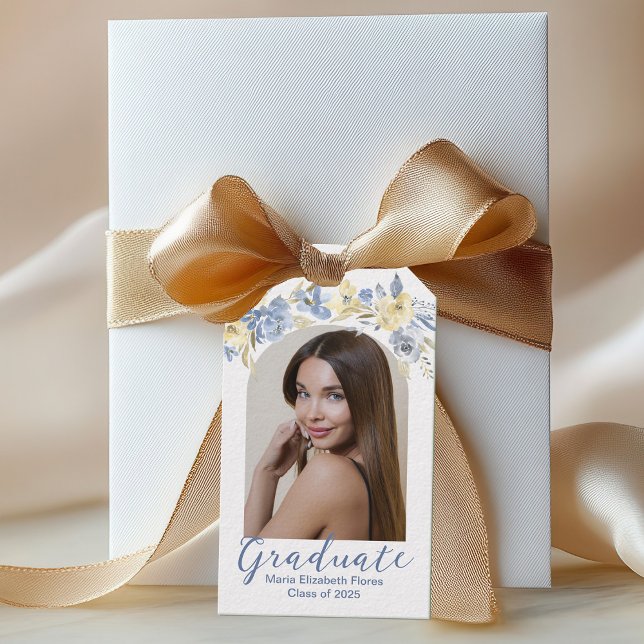 Étiquettes-cadeau Elégant Blue Jaune Floral Photo Party Graduation (Créateur téléchargé)
