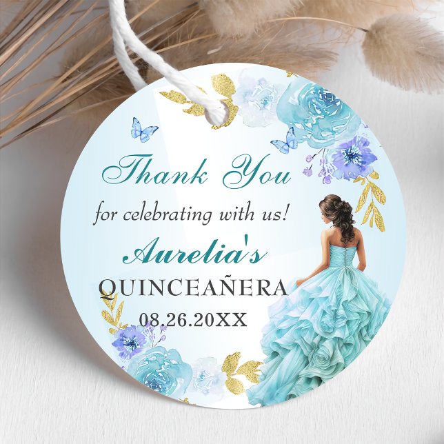 Étiquettes Cadeau Elégant Blush Blue Floral Quinceañera Anniversaire (Créateur téléchargé)