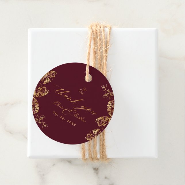 Étiquettes Cadeau Elegant Boho | Bourgogne et or automne Mariage Fa (En situation)