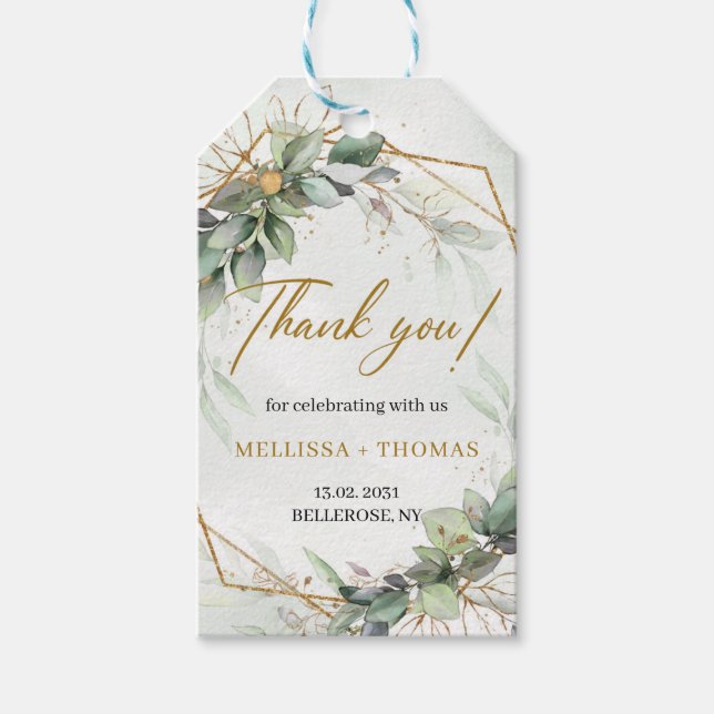 Étiquettes-cadeau Elégant boho eucalyptus mariage or vert (Devant)