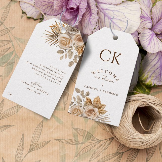 Étiquettes-cadeau Elégant Boho Neutral Accent Floral Mariage Bienven (Créateur téléchargé)