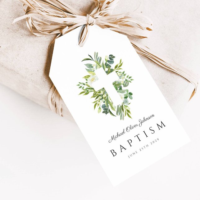 Étiquettes-cadeau Élégant Botanique Religieux Croix Baptême (Elegant Botanical Religious Cross Baptism Gift Tags)