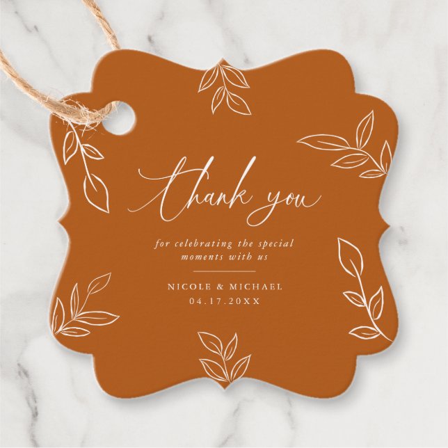 Étiquettes Cadeau Élégant brûlé orange Feuille Merci Mariage (Devant)